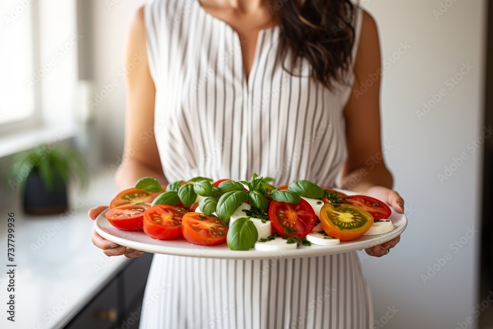 Trendy girl dinner presenting a simple yet elegant caprese salad with ripe tomatoes, mozzarella, and basil, on a minimalist plate in a chic dining room