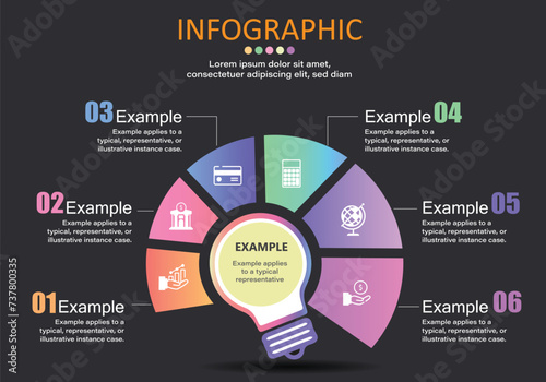 Vector infographic placed on a black gray background. There is a light in the center and a circular text box around 6 steps, 6 modern style ideas for presenting plans easily and more understandably.