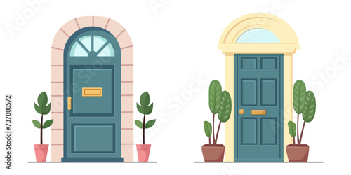 Blue front door with two pots with plants. Cartoon house illustration