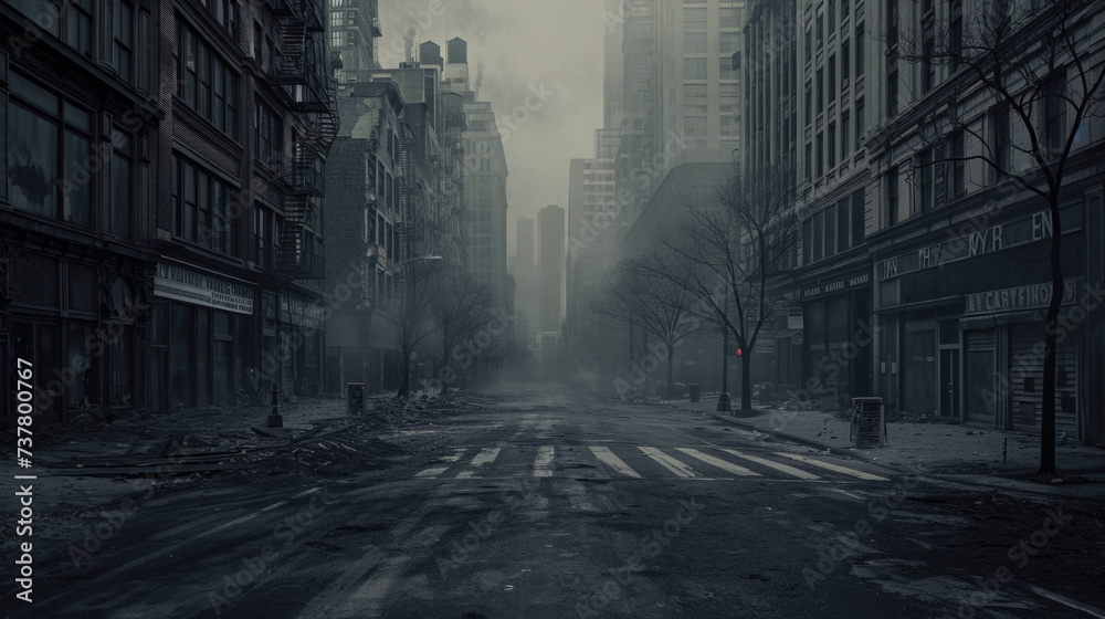 Dark foggy abandoned city with glowing light, crime dark background..