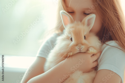 cute little girl holds and hugs fluffy rabbit in arms at home. domestic animals. Easter bunny