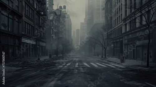 Dark foggy abandoned city with glowing light, crime dark background.. photo