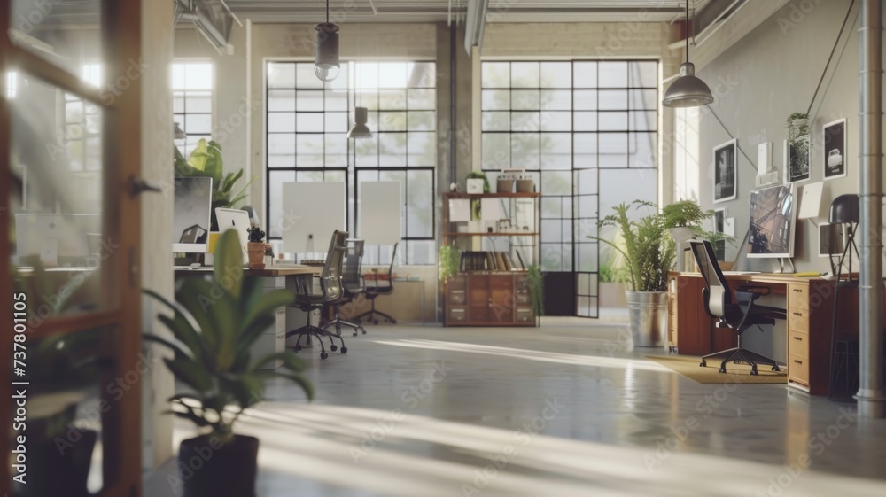 Elegant Office Interior at Twilight - As twilight sets in, the elegant office interior shines with a blend of professionalism and contemporary design.