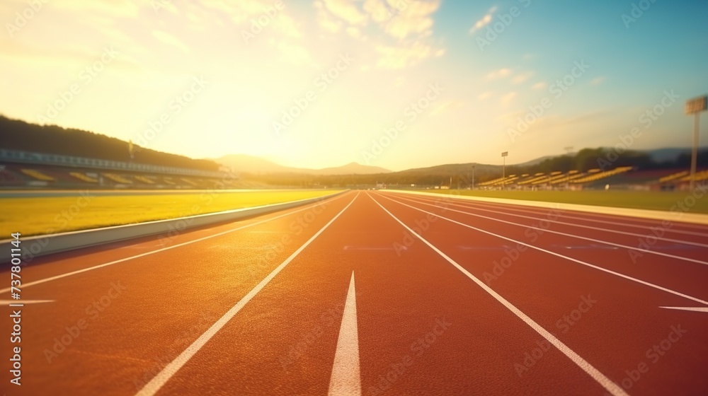Running track, smooth surface ready runners or athletic track with beautiful sunset view for sport concept background. - obrazy, fototapety, plakaty 