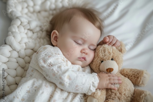 baby boy sleeping on white mattress while hugging teddy bear copy space 