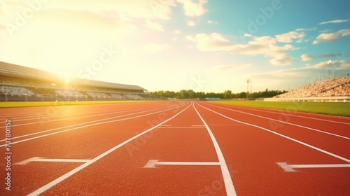 Running track, smooth surface ready runners or athletic track with beautiful sunset view for sport concept background.