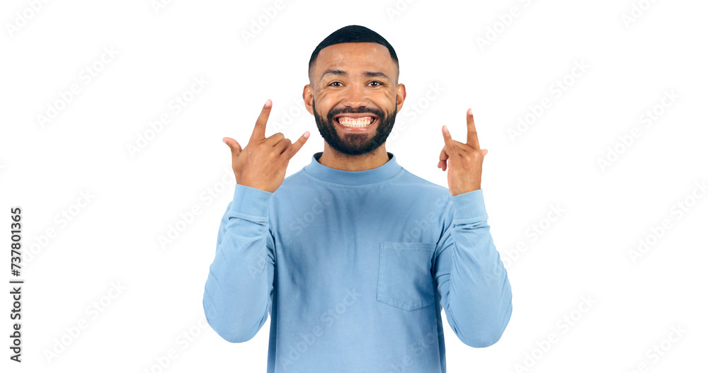 Fototapeta premium Happy man, portrait and rocker while excited for fun, crazy and party celebration for love of music. Model, face and positive with punk gesture for energy and isolated on a transparent png background