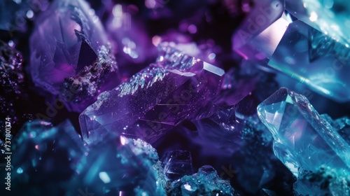 Luxurious dark diamond in purple tones. Closeup of precious transparent crystal. Brilliant diamond facets