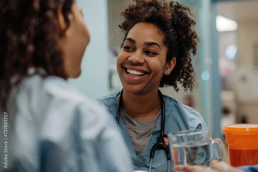 a nurse offering a cup of water to a recovering patient a nurse offering a cup of water to a recovering patient