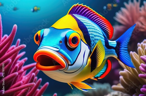 Colorful fish with a clown hat, glasses. Festive spirit April Fool's Day. Greeting card. colorful fish on the bottom of the sea, corals, mollusks