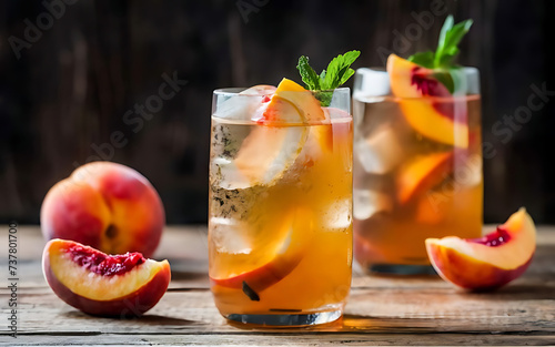 Peach aperol spritz with peach slices on wooden desk summer cocktails