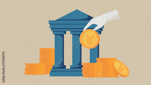 An image of depositing money in a bank. There is a hand holding a coin. There is a pile of yen coins.
