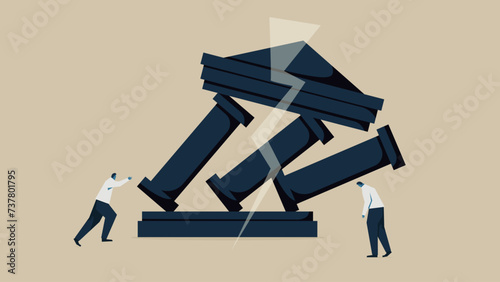 An image of a bank going bankrupt. The building is crumbling and has cracks. People are in trouble.