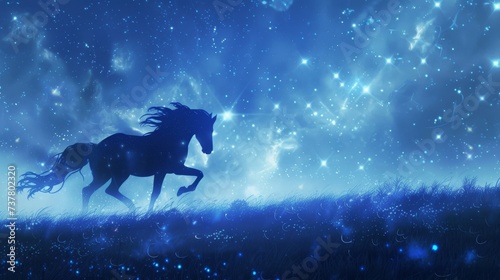 Galloping horse through a starlit meadow in a celestial fantasy world