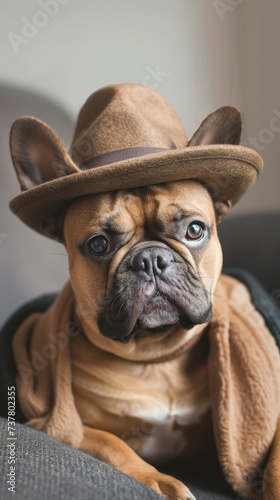 French bulldog wearing a detective hat
