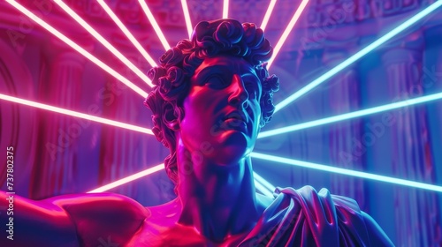 Fashion an electrifying image of the Greek god Apollo the god of light and sun emanating bright neon rays