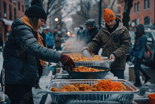 volunteers distributing warm meals in a street kitchen for the homeless