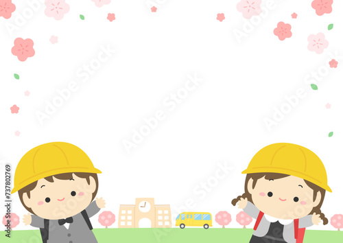 入学のお祝いのカードデザイン、小学生と満開の桜の花のベクターイラスト。コピースペースのある春の学校行事、入学式のデザイン。