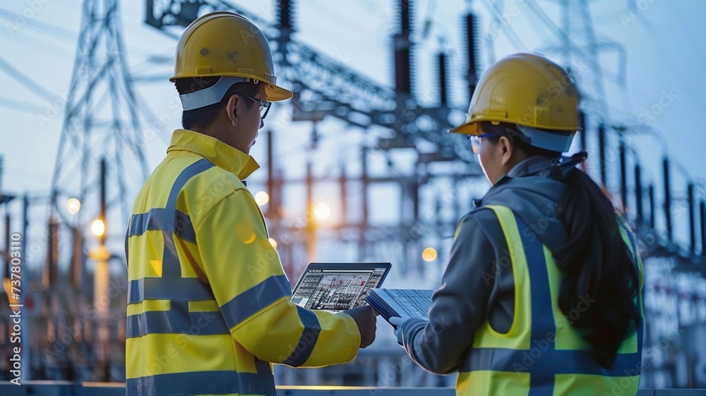 Two electrical engineers are using laptop computers standing at a power plant. Two electrical engineers are using laptop computers standing at a power plant.