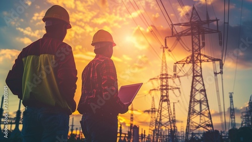 Two electrical engineers are using laptop computers standing at a power plant.