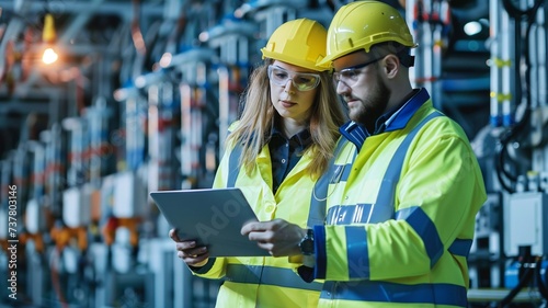 Two electrical engineers are using laptop computers standing at a power plant.