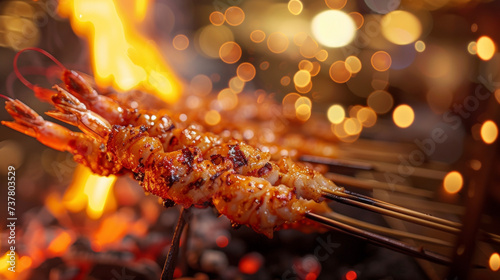 A delightful dish of skewered shrimp expertly grilled over an open flame until tender and bursting with flavor.