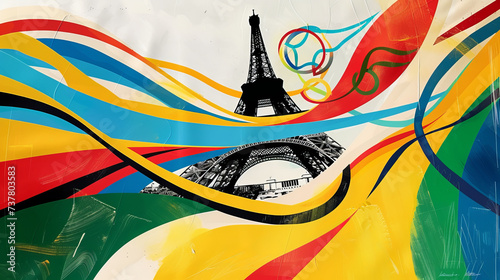 View of the Eiffel tower, Paris France with abstract colorful flowing lines