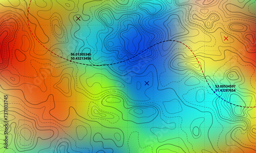 Ocean bottom topographic line map curvy wave isolines vector illustration. Sea depth topographic landscape surface for nautical radar readings. Cartography texture abstract banner relief ocean floor.