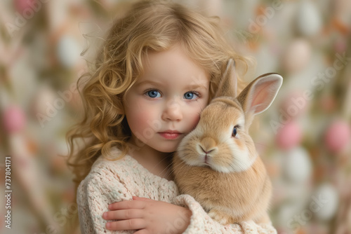 cute little girl holds and hugs fluffy rabbit in arms on Easter decor background. Easter bunny © zamuruev