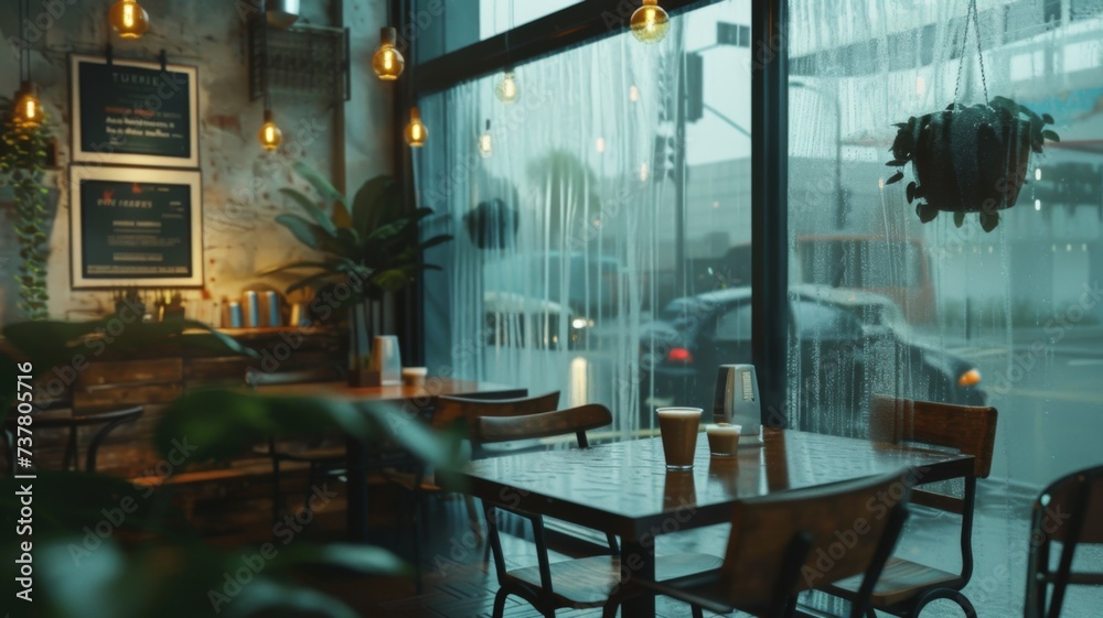 Rainy Evening Cafe Ambience - As the evening rain paints the café windows, the warm glow of the interior invites passersby to a moment of reprieve. The soft lighting and empty chairs suggest a pause i