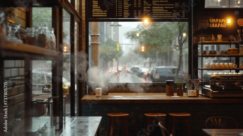 Urban Cafe Morning Mist - The steam of a hot beverage rises against the backdrop of a misty urban morning. The café’s interior, with its rustic charm, provides a warm haven as life moves in soft focus © Mickey