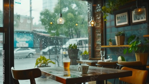 Rainy Day Cafe Street View - The quiet corners of a café on a rainy day offer a solitary moment, with a single glass reflecting the soft light. The rain taps on the windows, a natural symphony complem photo