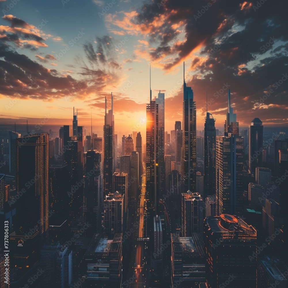 Futuristic mega city skyline during sunset