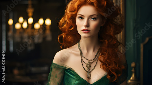 Portrait of a seductive elegant red-haired woman in an emerald dress and a vintage necklace. Princess, princess, marquise, lady, baroness, queen