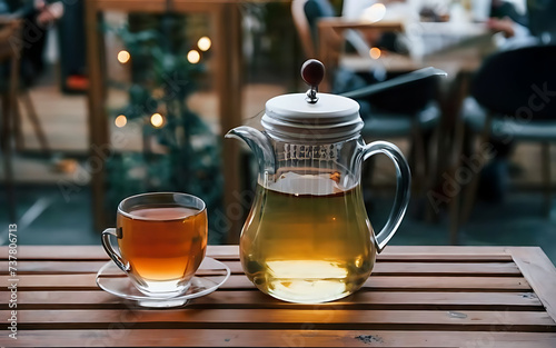 Teapot and glass cups with tea against wooden background against the background of the restaurant in the evening