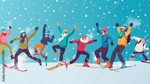 Group of happy snowboarders and skiers having fun and playing snowball