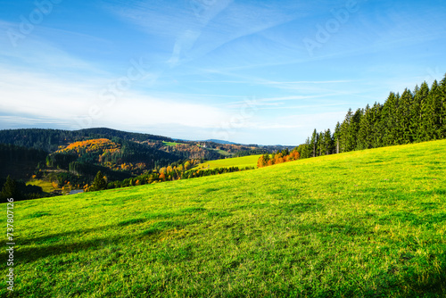 Autumnal landscape near Furtwangen in the Black Forest. Nature with forests and hills. 