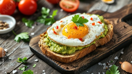 Avocado toast with fried egg on wooden cutting board, closeup.