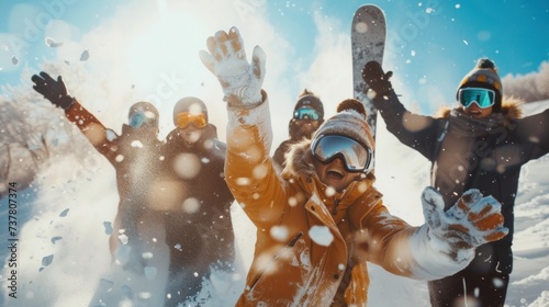 A group of happy friends taking selfie on the snow mountain, ski resort