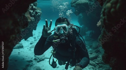 Scuba diver underwater taking a selfie