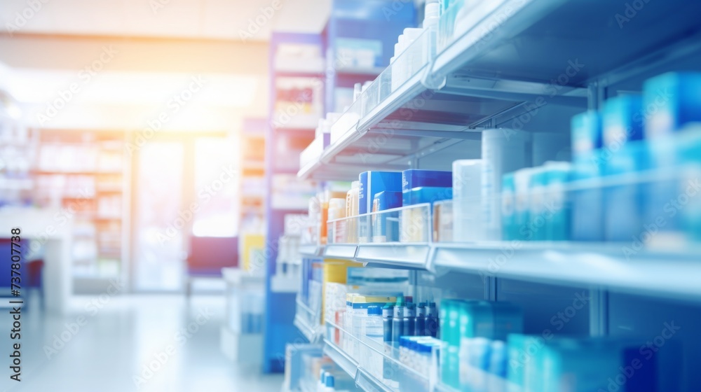 Abstract blurred interior of a modern light pharmacy. Shelves with vitamins, Medicines, dietary supplements, cosmetics in a bright room.