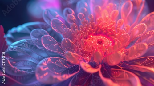 Digital art of a vibrant fantasy flower with glowing edges and sparkling particles on a bokeh background. 