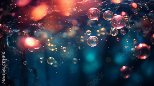 Bubbles underwater with bokeh effect. dark background. AI generative
