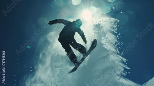 Snowboarder jumping in the blue sky, snow spreading behind, breathtaking jump on the snow
