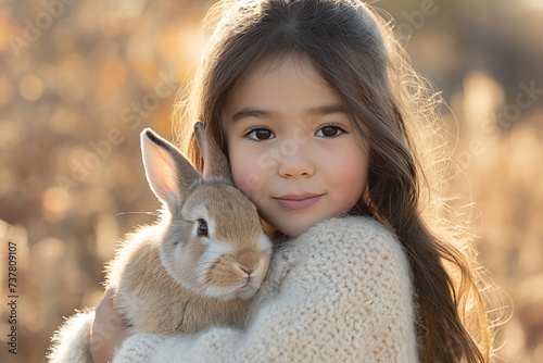 cute Chinese little girl holds and hugs fluffy rabbit in arms outdoor. pets. Easter bunny © zamuruev