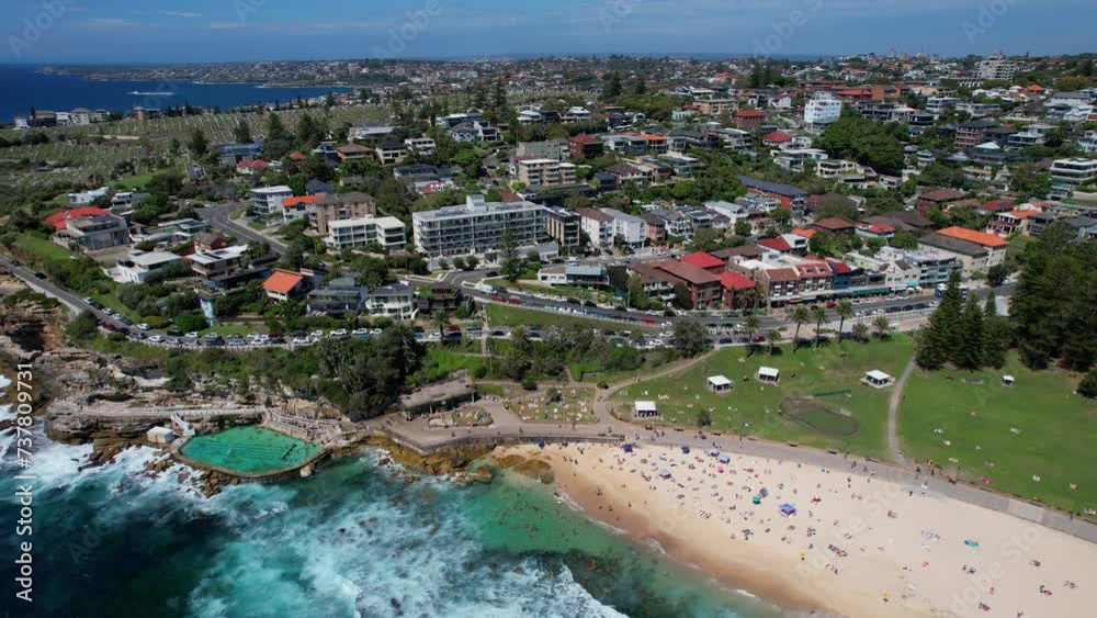 Rock Pool And Bronte Beach In The Eastern Suburbs Of Sydney, Australia - Aerial Shot