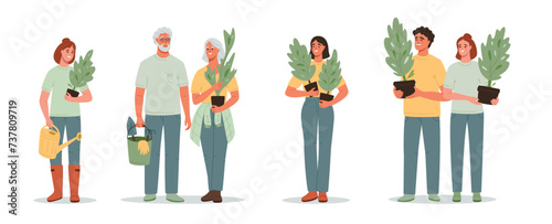 Set of people of different ages with plants and gardening tools in his hands. Environmental care and volunteerism concept, spring gardening. Flat cartoon vector illustration isolated on white