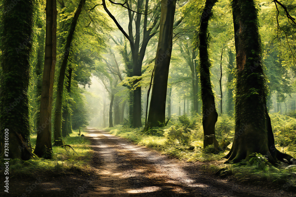 Fototapeta premium Sunlit Forest Path, A Serene Journey Through Nature, Capturing the Tranquil Beauty of Sunbeams and Foliage