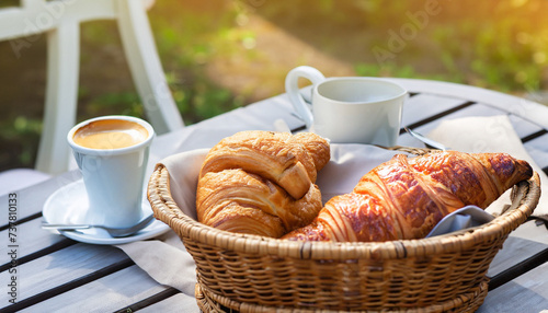 Breakfast with coffee and croissants in a basket on table, selective focus; breackfast; morning outdoor scene photo