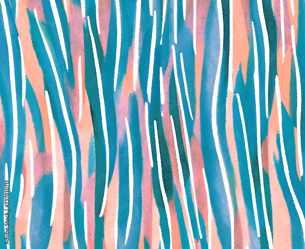 Abstract textured watercolor  pattern with vertical curves in a turquoise and orange gradient